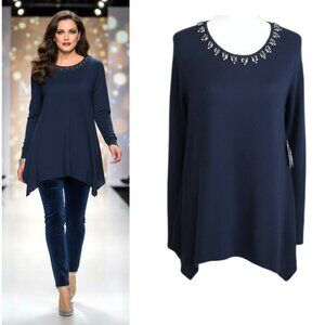 Vera Wang Sweater Women's Sz M Navy Blue Embellished Knit Long Sleeve Pullover